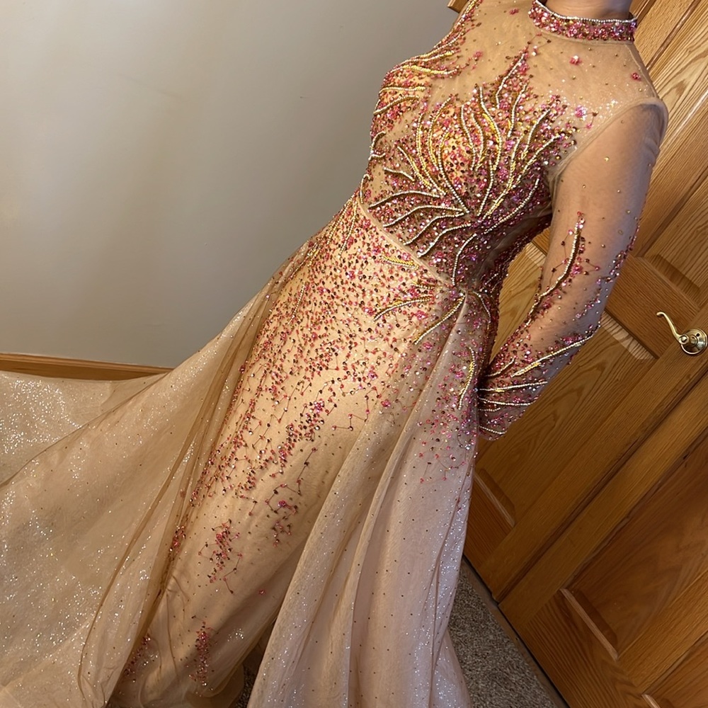 Custom Evening gown red rhinestone jewel encrusted rose gold sequin dress size 6